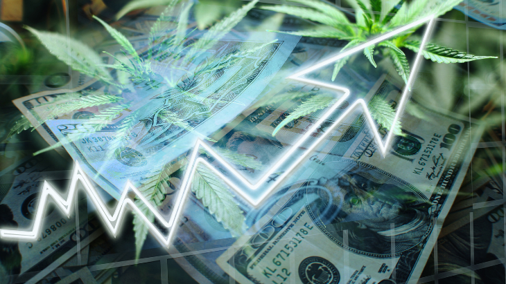 An arrow representing a rate increase over a background of cannabis leaves and hundred dollar bills