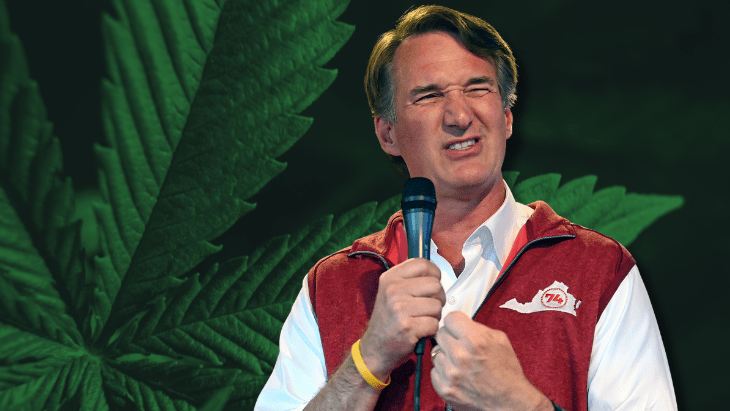 Virginia Gov Glenn Youngkin clenches his fist and makes an angry face in front of a background of a cannabis leaf