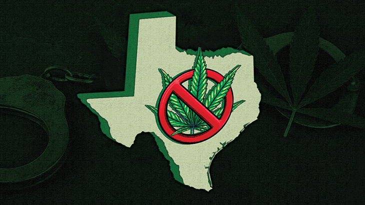 shape of the state of Texas with a marijuana leaf covered by a circle with a line through it representing "prohibited"