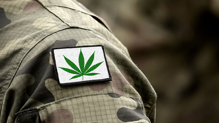 A closeup of a military uniform with a cannabis leaf patch on the sleeve representing marijuana and veterans issues