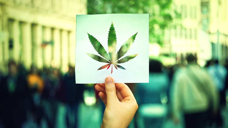 A hand holds up a card with a marijuana leaf cut-out representing support for cannabis legalization