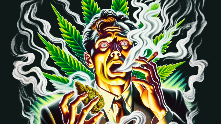 A reefer madness stylized illustration of a man holding a cannabis flower and smoking a joint surrounded by large plumes of marijuana smoke