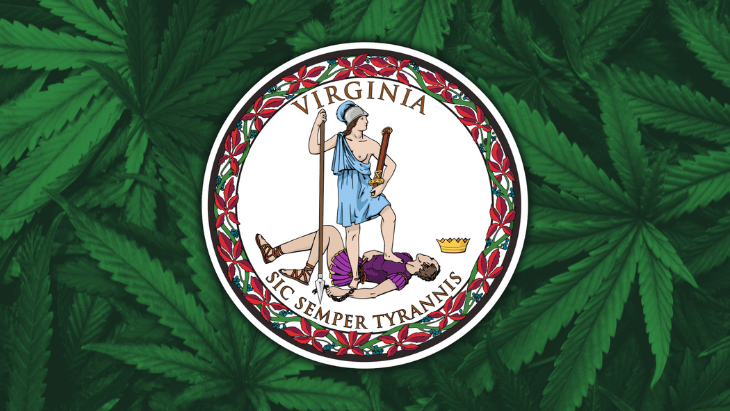 The Great Seal of Virginia against a background of cannabis leaves