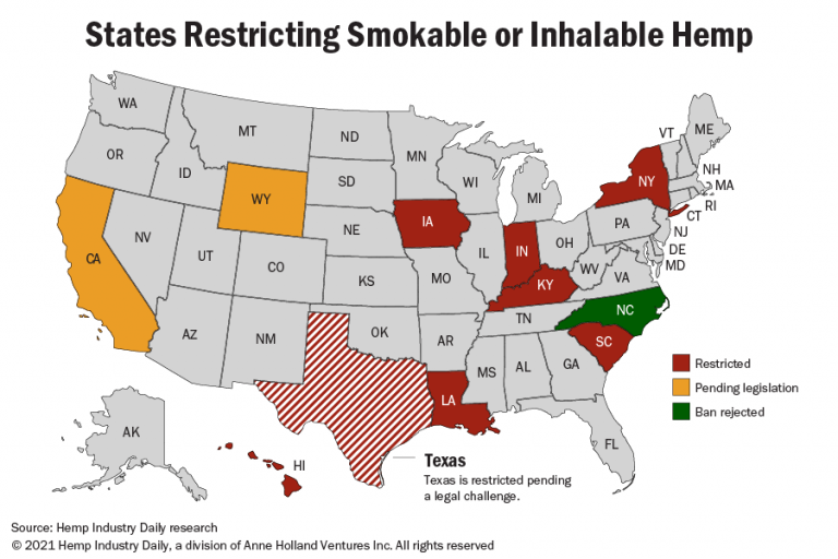 A map showing states that restrict or are considering restricting smokable hemp.