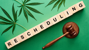 Scrabble tiles, lined up between a judges gavel and marijuana leaves, spell out "rescheduling"