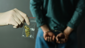 a gloved hand holds a very small bag of marijuana in front of a young Black person in handcuffs
