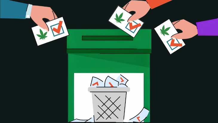 An illustration of hands placing marijuana votes into a ballot box containing a wastebasket representing ignoring the election results
